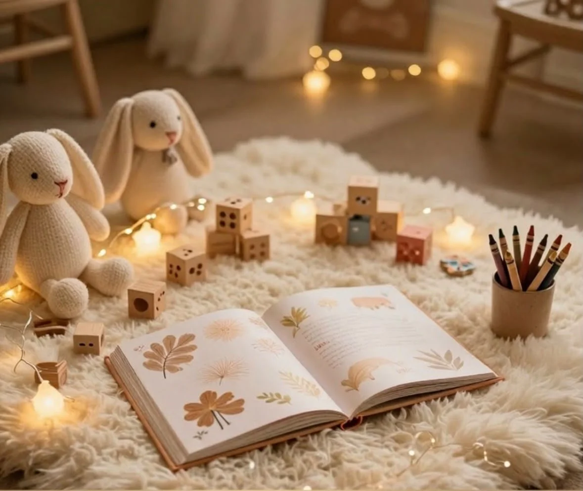 Cozy scene with two plush bunny stuffed animals surrounded by wooden blocks, a book open to pages with floral illustrations, a cup of colored crayons, and string lights on a fluffy white rug in a warmly lit room.