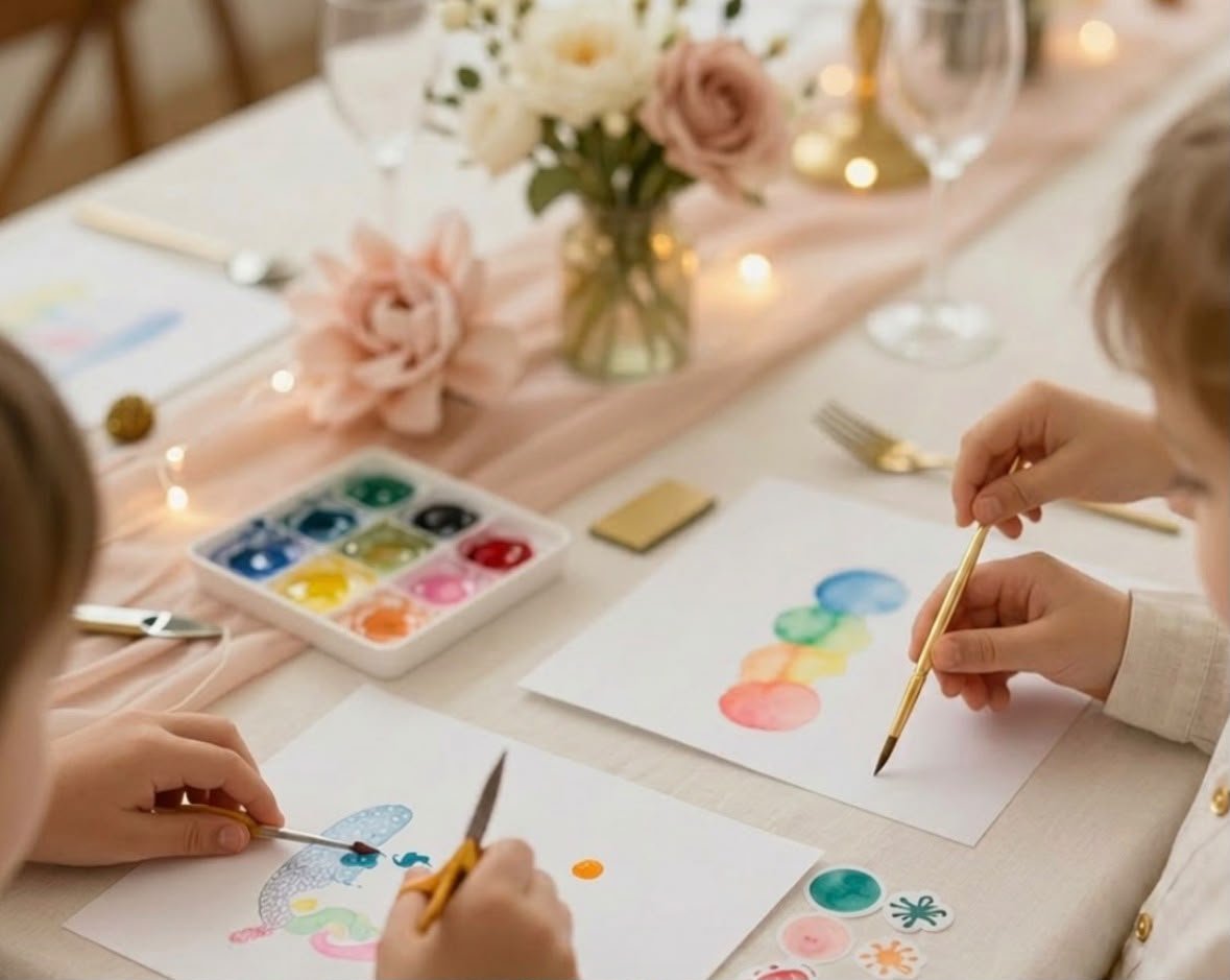 Two children are painting with watercolors at a table decorated with flowers and candles, with watercolor pans and brushes in use.