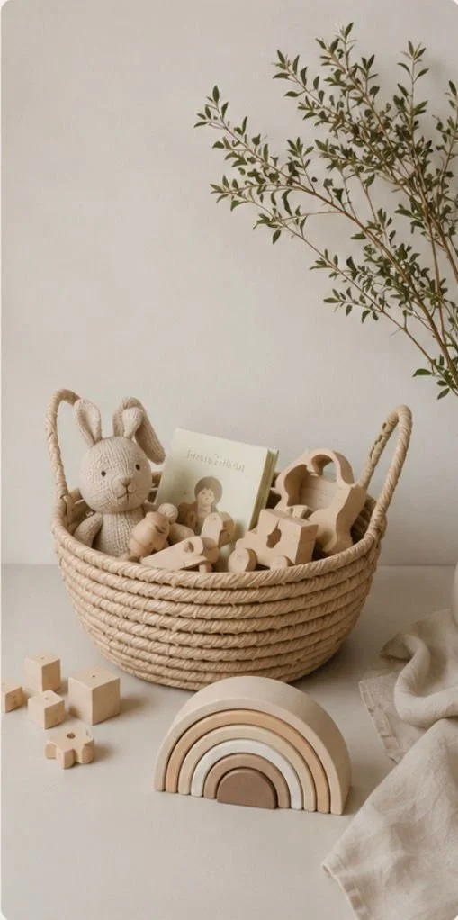 A wicker basket contains a knitted bunny stuffed toy, wooden toys, and a children's book. Outside the basket, there are small wooden blocks and a wooden rainbow stacking toy. A leafy branch is visible in the background.