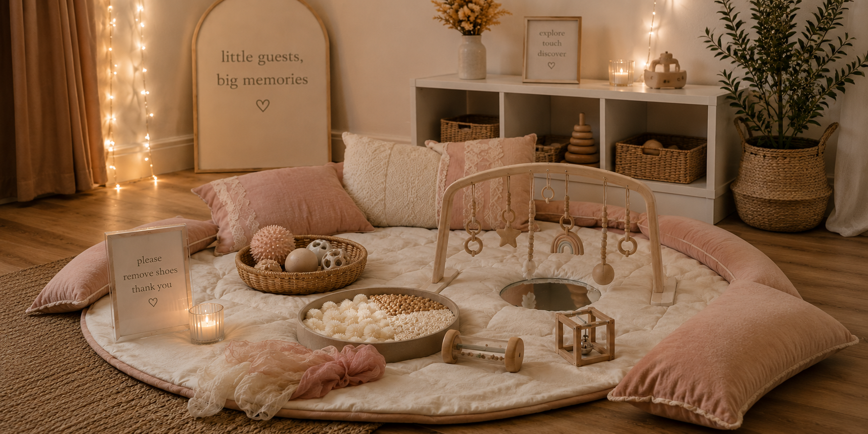 A cozy, softly lit nursery with a round padded floor area surrounded by pink pillows and cushions, toys, and a baby play gym. There are decorative elements like a sign that says "please remove shoes thank you" and another that says "little guests, big memories." The room features warm lighting, wicker baskets, a white shelf with decorative items, a large potted plant, and string lights.