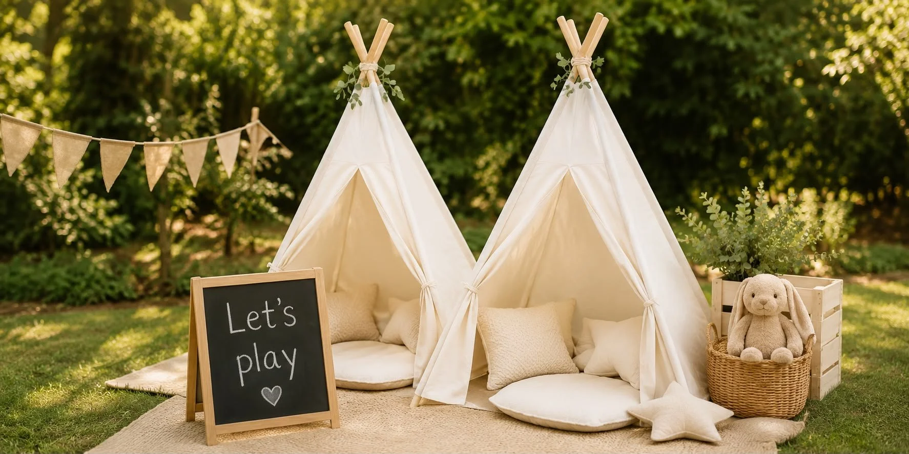 A children's outdoor play tent set up on a grassy area with pillows inside, a chalkboard sign reading 'Let's play' with a heart, a plush bunny in a basket, and a potted plant, with bunting flags hanging above.