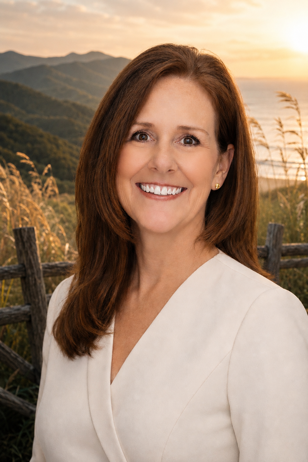 A woman with shoulder-length brown hair and a white top smiling outdoors during sunset with mountains, a body of water, and tall grass in the background.
