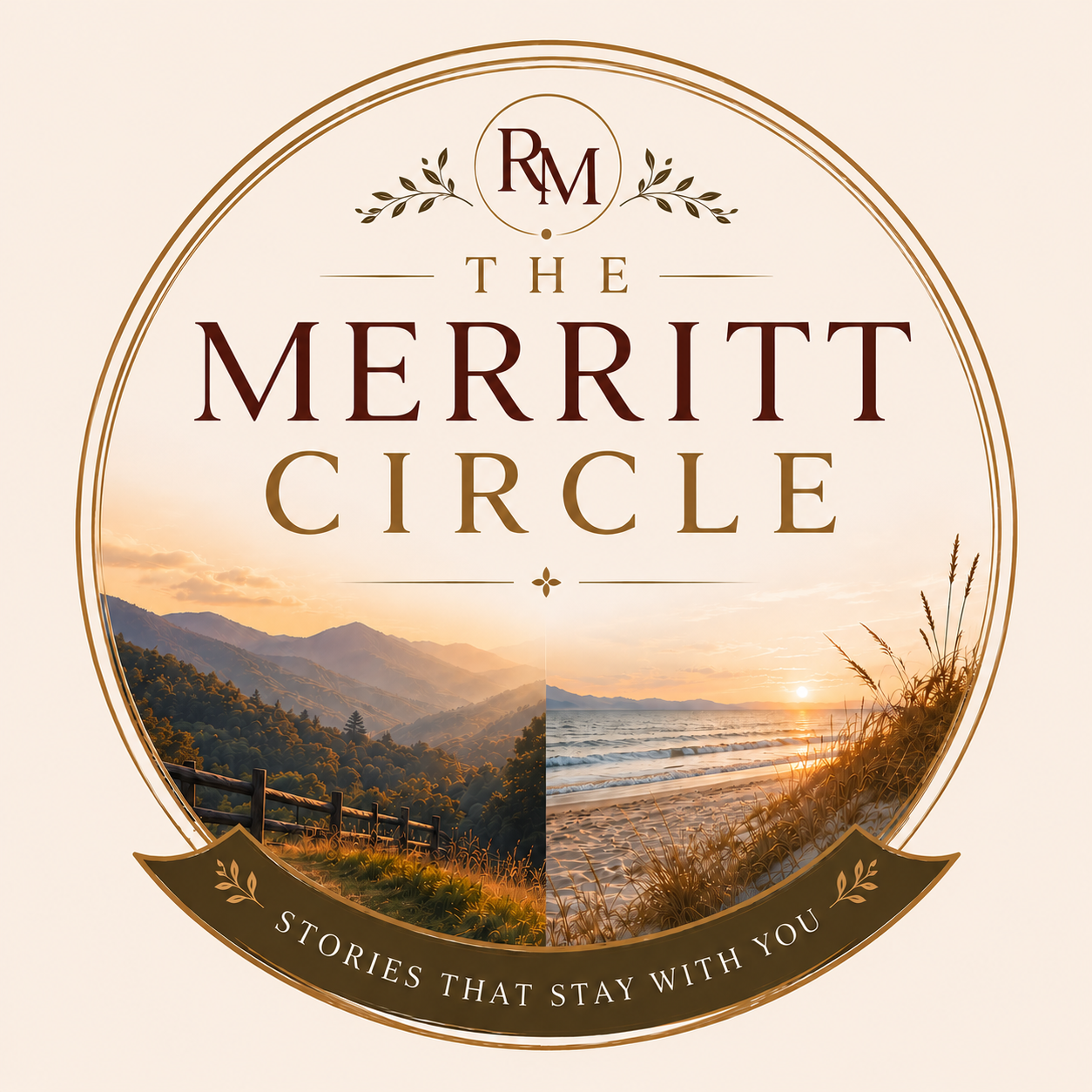 Book cover titled 'The Merritt Circle' with a circular design featuring mountains and a sunset on the left, beach and ocean on the right, and the subtitle 'Stories That Stay With You'.