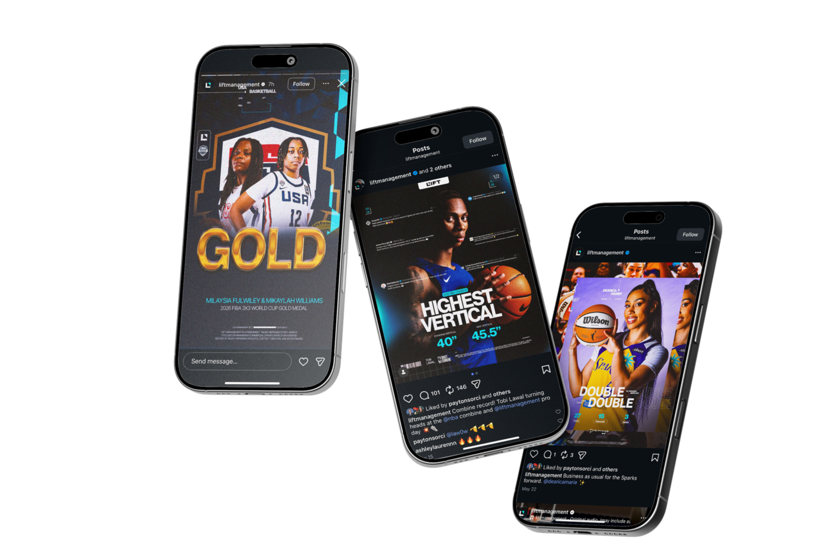 Three smartphones displaying social media basketball images, including athletes holding basketballs, celebrating, and a medal ceremony with the word 'GOLD'