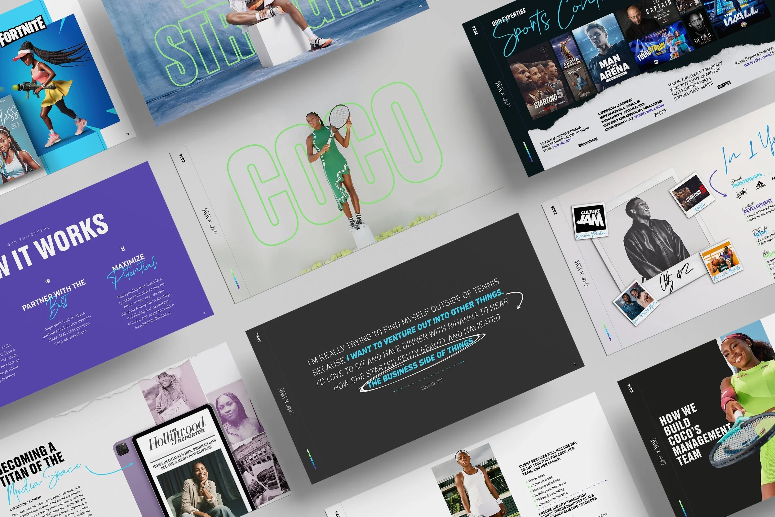 A collage of various magazine and brochure pages featuring sports, entertainment, and business topics, with images of athletes, models, and headlines.