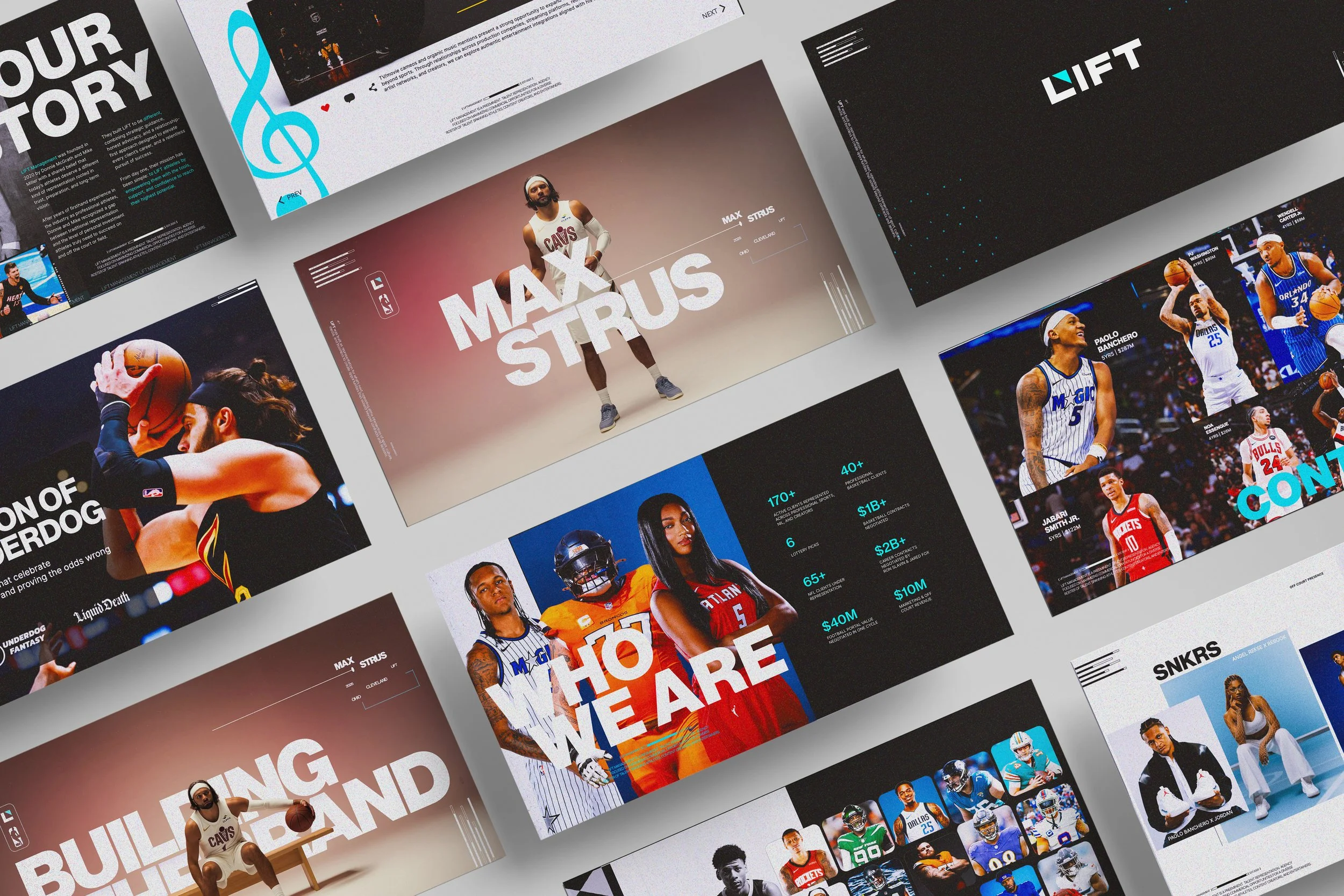 Compilation of sports magazine pages featuring basketball players, team highlights, and sports news headlines.