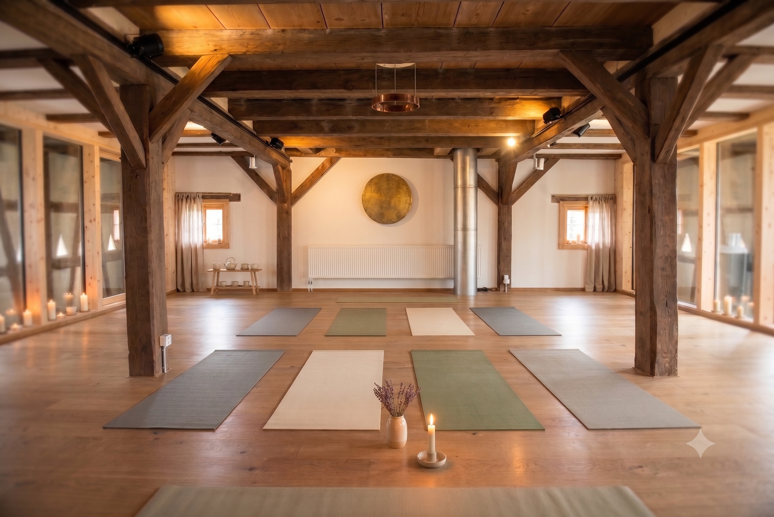 Ein Raum mit Holzdecke und großen Fenstern, in dem mehrere Yogamatten auf dem Holz Boden ausgebreitet sind, Kerzen und Lavendel im Vordergrund, ruhige Atmosphäre.