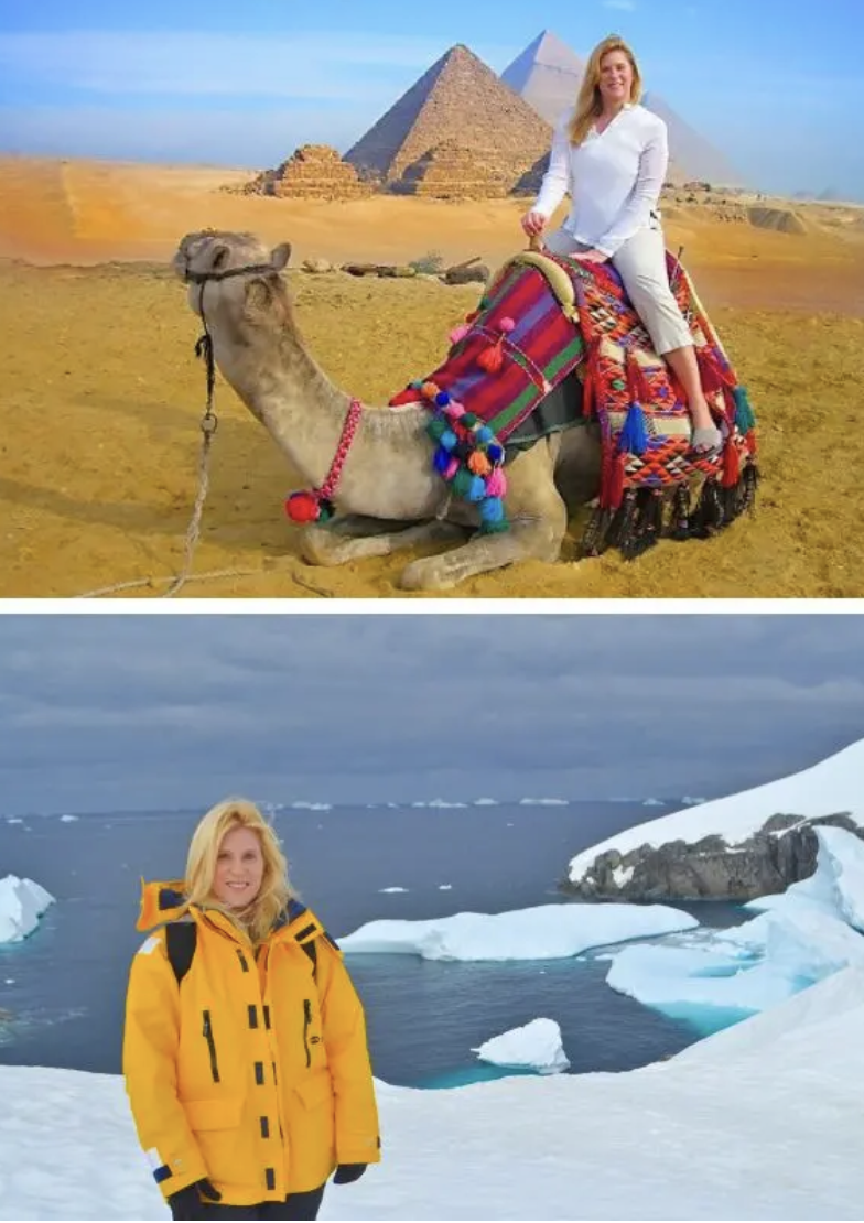 A woman riding a camel decorated with colorful textiles and tassels in front of the pyramids in Egypt, and the same woman standing in icy Antarctic landscape with icebergs and snow.