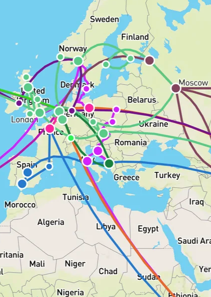 Map of Europe and parts of Africa and Asia showing various colored lines representing transportation routes connecting major cities such as London, Paris, Berlin, Moscow, Istanbul, and Cairo.
