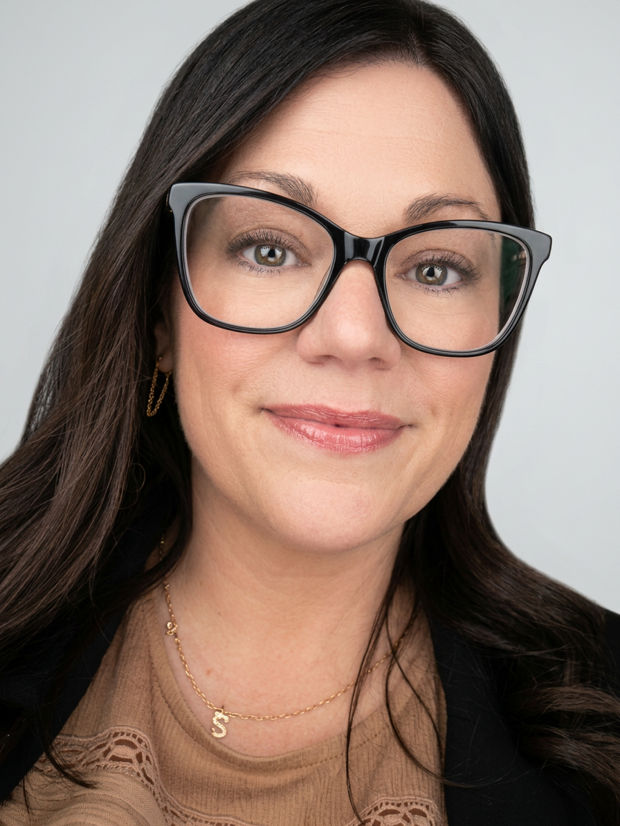 A woman with long dark hair wearing large black glasses, gold earrings, and a gold necklace with a letter 'S.' She is smiling slightly and dressed in a tan top and black blazer.