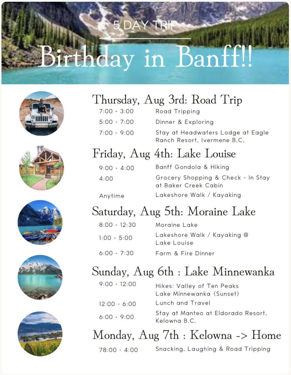 Tour itinerary for a 5-day trip including activities and accommodations at Banff, Lake Louise, Moraine Lake, Lake Minnewanka, and Kelowna with scenic mountain, lake, and outdoor activity images.