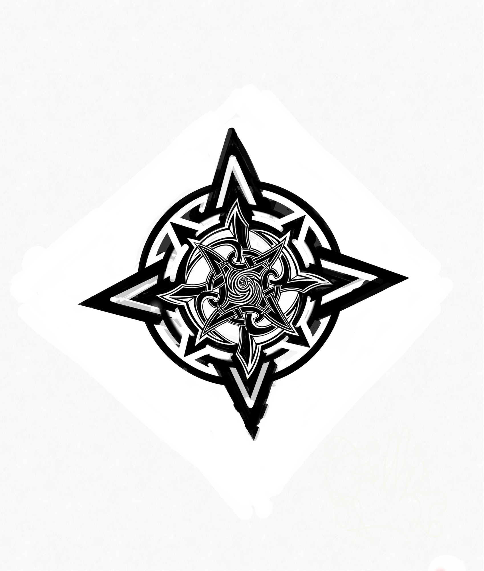 Black and white tattoo-style geometric star design with intricate patterns in the center on white background.