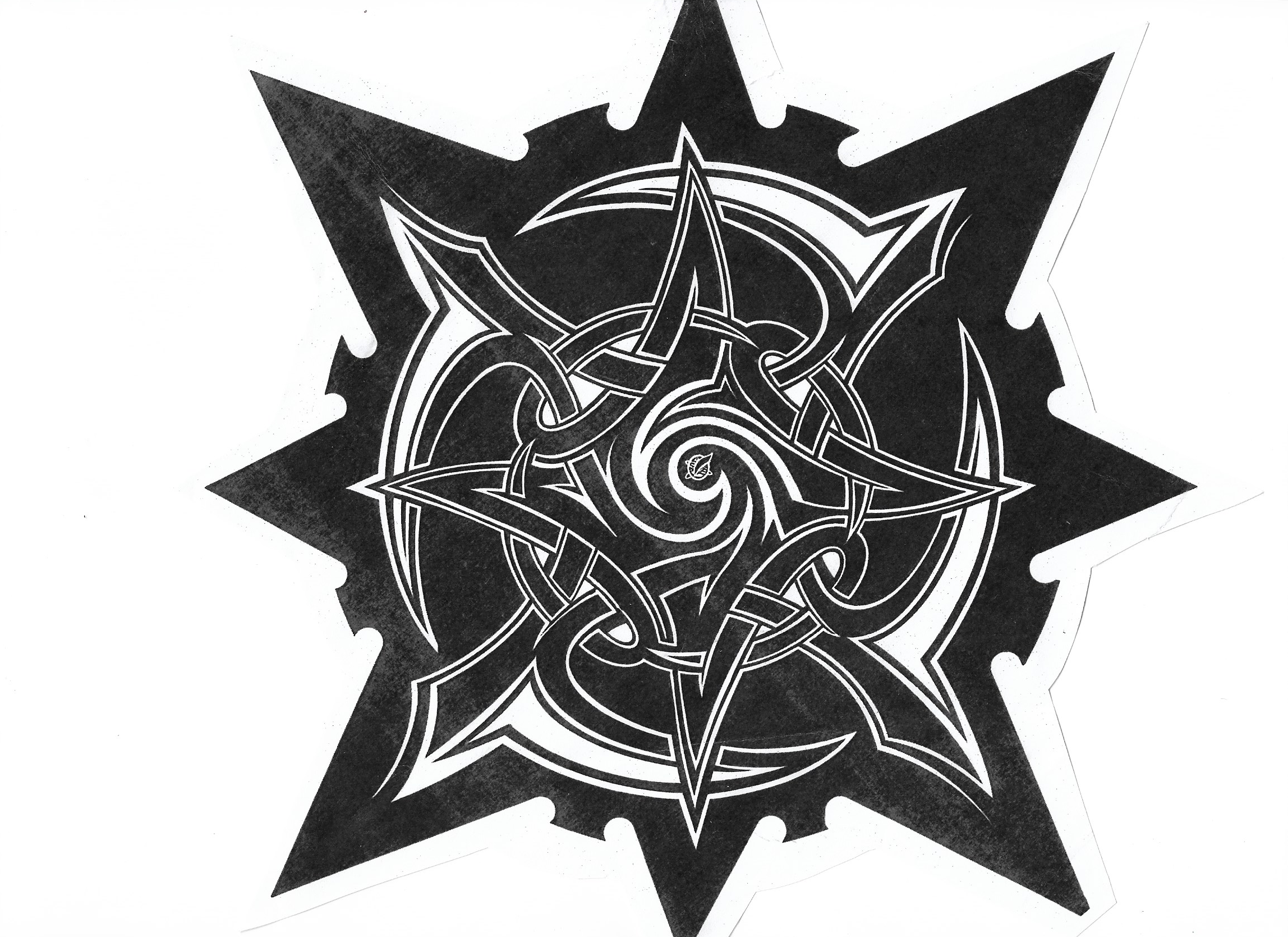 Black and white illustration featuring an intricate, abstract design with a star shape in the background and swirling, knot-like patterns layered in the foreground.