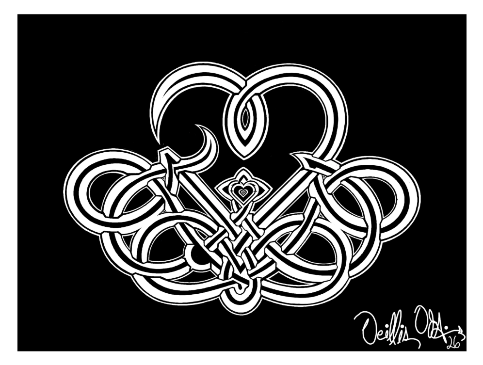 Black and white abstract Celtic knot design with intricate loops and interwoven patterns, signed by the artist in the lower right corner.