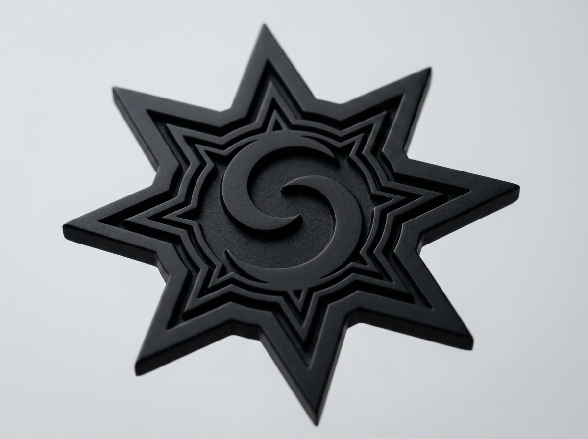 A black, layered, star-shaped object with a crescent moon design in the center.