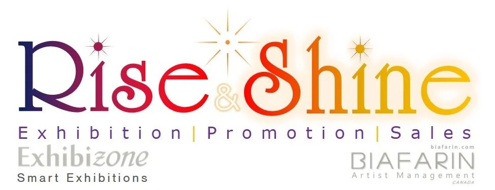 Logo with the words 'Rise & Shine' in colorful stylized letters with stars around it, and smaller text below reading 'Exhibition | Promotion | Sales,' along with 'Exhibizone Smart Exhibitions' and 'Biafarin Artist Management'.