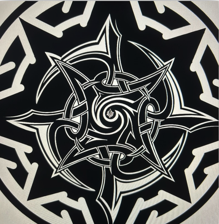 Intricate black and white circular pattern with sharp, angular shapes and a swirling center, resembling a stylized mandala or abstract design.