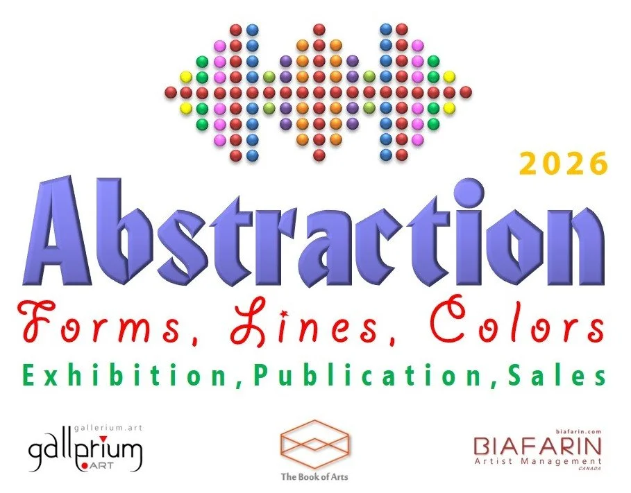 Event poster for 'Abstraction 2026', highlighting forms, lines, colors, exhibition, publication, sales, with logos of Galleri UM, The Book of Arts, Biafarin, and colorful abstract design.