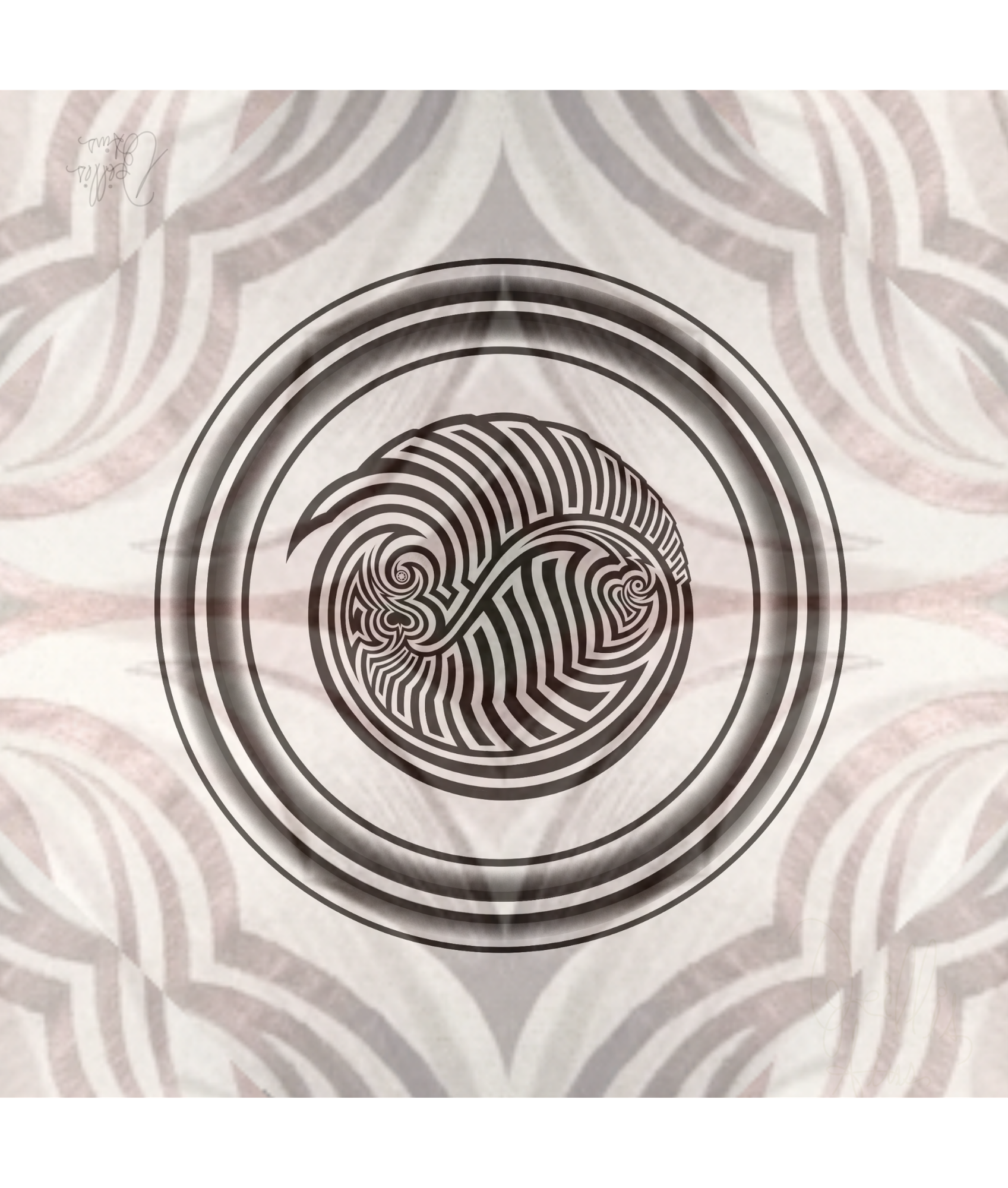 Close-up of a spiral maze pattern on paper with concentric circles and curved paths, black and white design.
