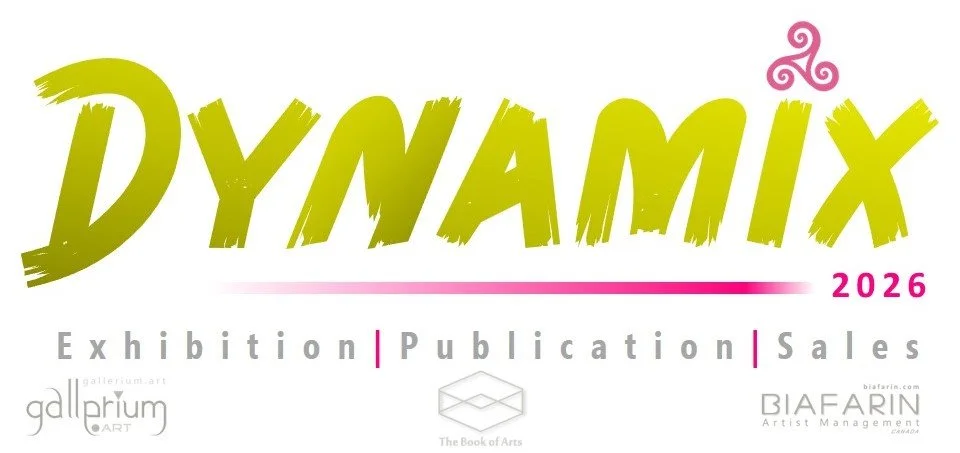Dynamix 2026 logo advertising an art exhibition, publication, and sales event, with logos from Gallarium Art, The Book of Arts, and Biafarin Artist Management.