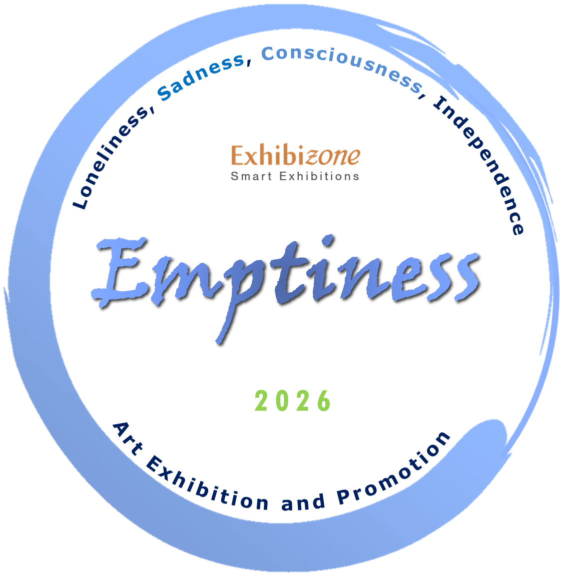 A circular graphic with blue and white tones, displaying the words "Emptiness 2026" in large stylized text, with "ExhibiZone Smart Exhibitions" above, and phrases like "Loneliness, Sadness, Conscience, Independence" and "Art Exhibition and Promotion"