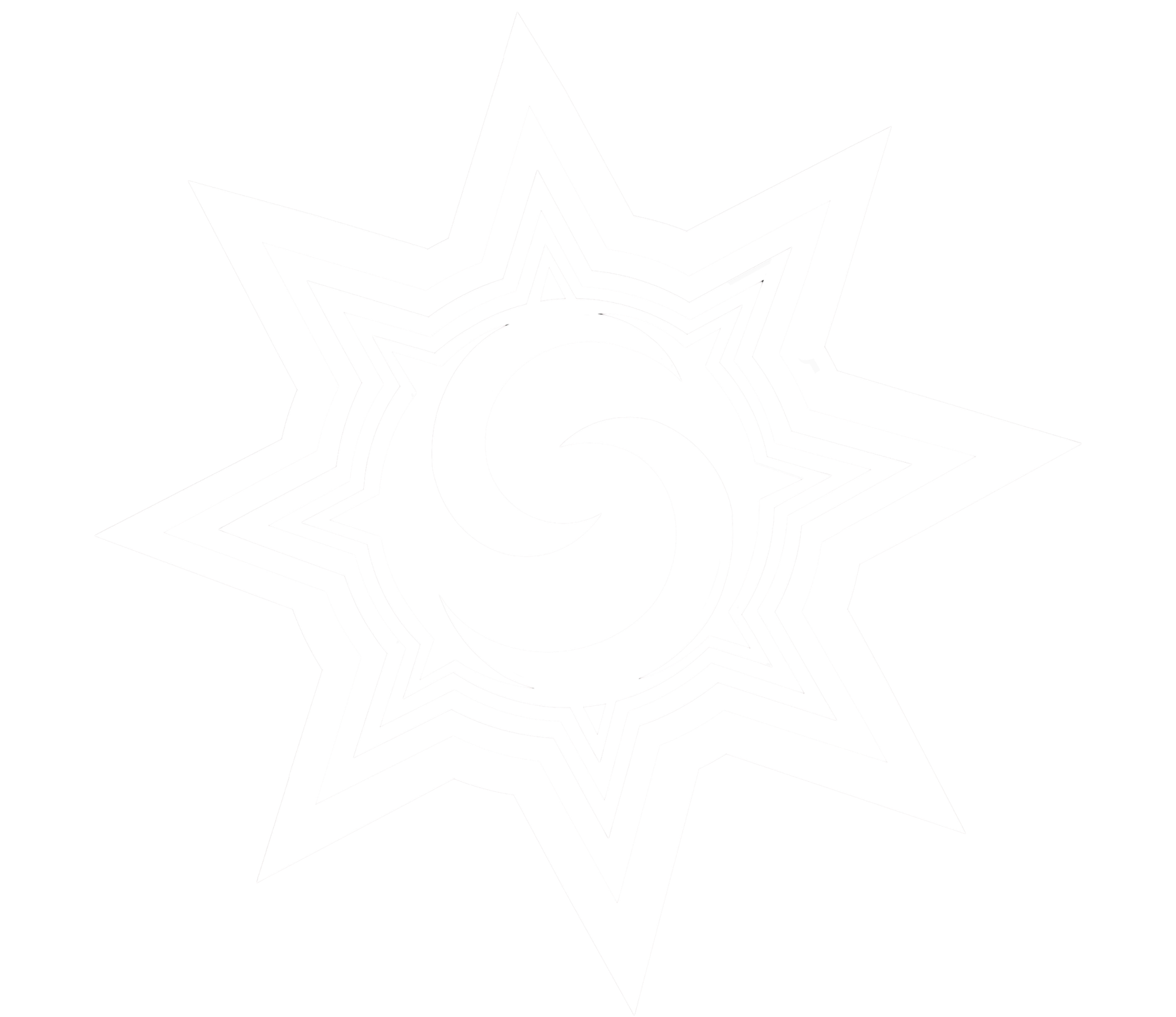 Black and white geometric star design with layered lines and a circular shape in the center.