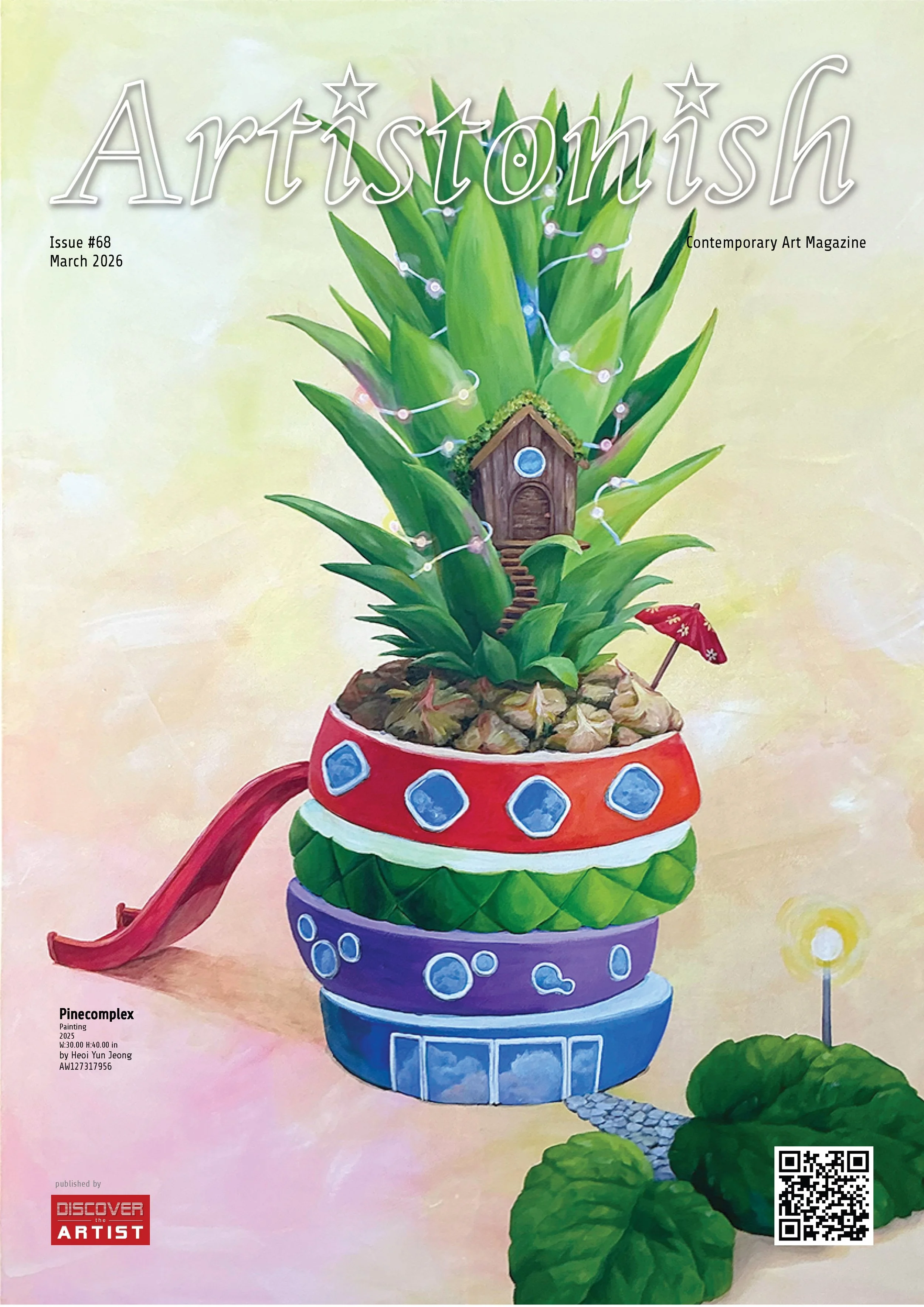 A colorful painting of a pineapple in a decorative pot, with a small wooden house and leaves, a red slide, and a mushroom, all against a light background.