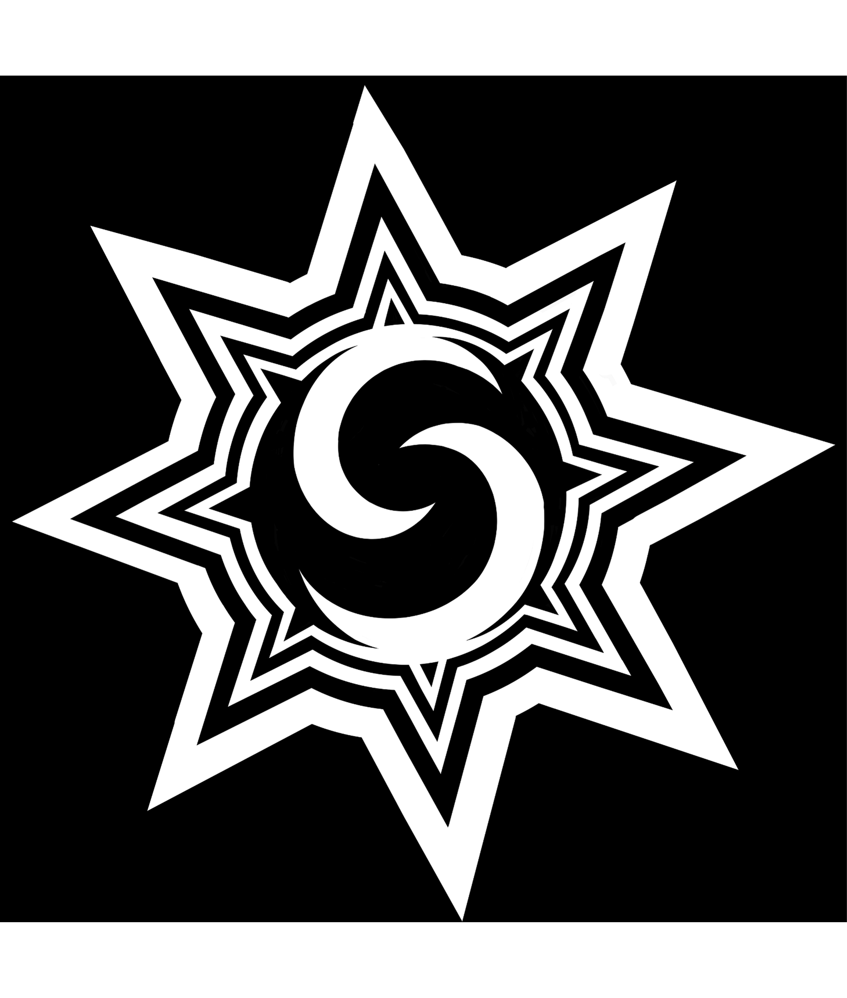 Black and white abstract geometric design with a central circular motif surrounded by star-shaped patterns extending outward.
