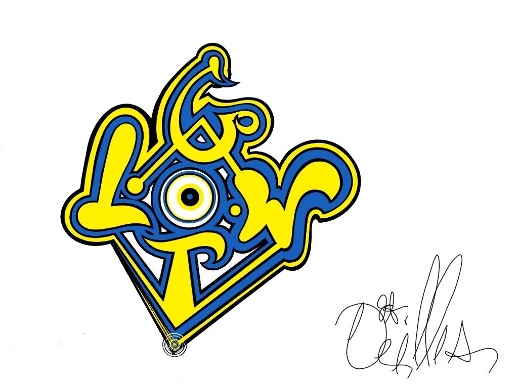 Colorful abstract graffiti-style artwork with yellow and blue shapes and a signature in the bottom right corner.