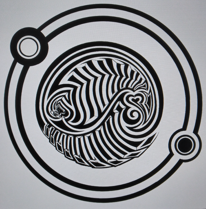Black and white optical illusion art with a spiraling, striped pattern creating a distorted, spherical shape surrounded by concentric circles.