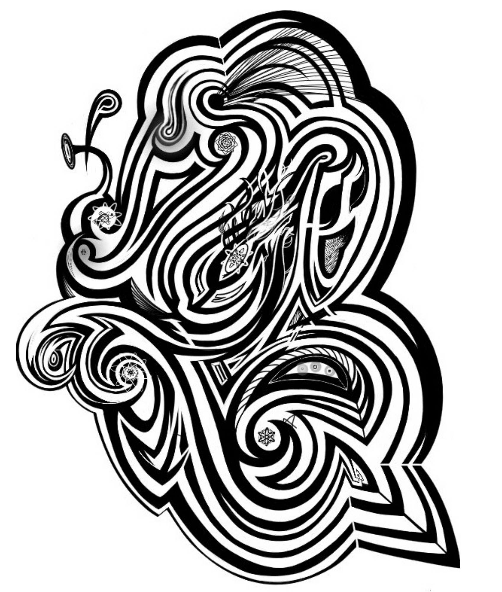 Black and white abstract maze pattern with swirling and circular lines, including various small symbols and designs embedded within.