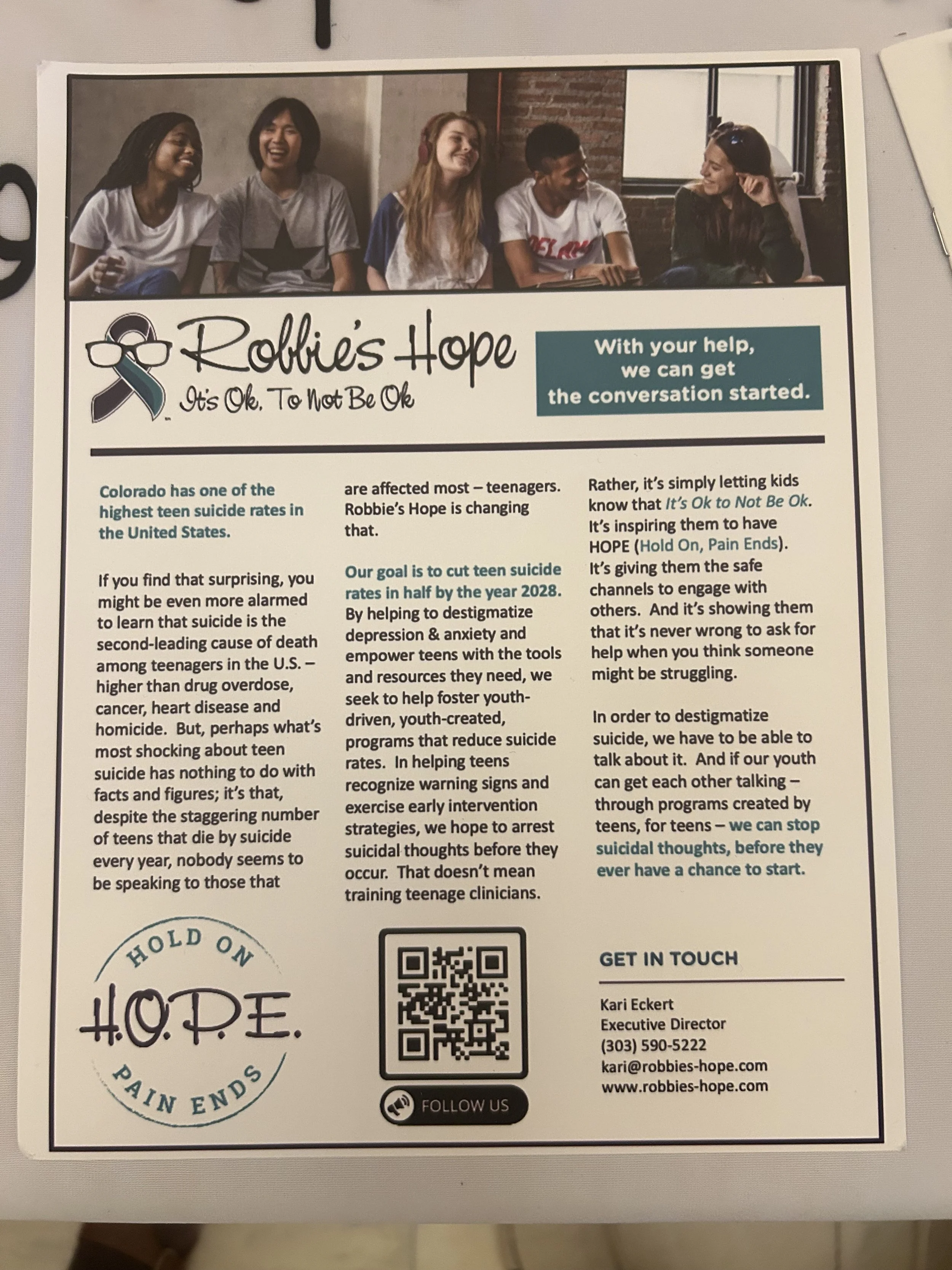 Robbie’s Hope youth mental-health information and contact materials.