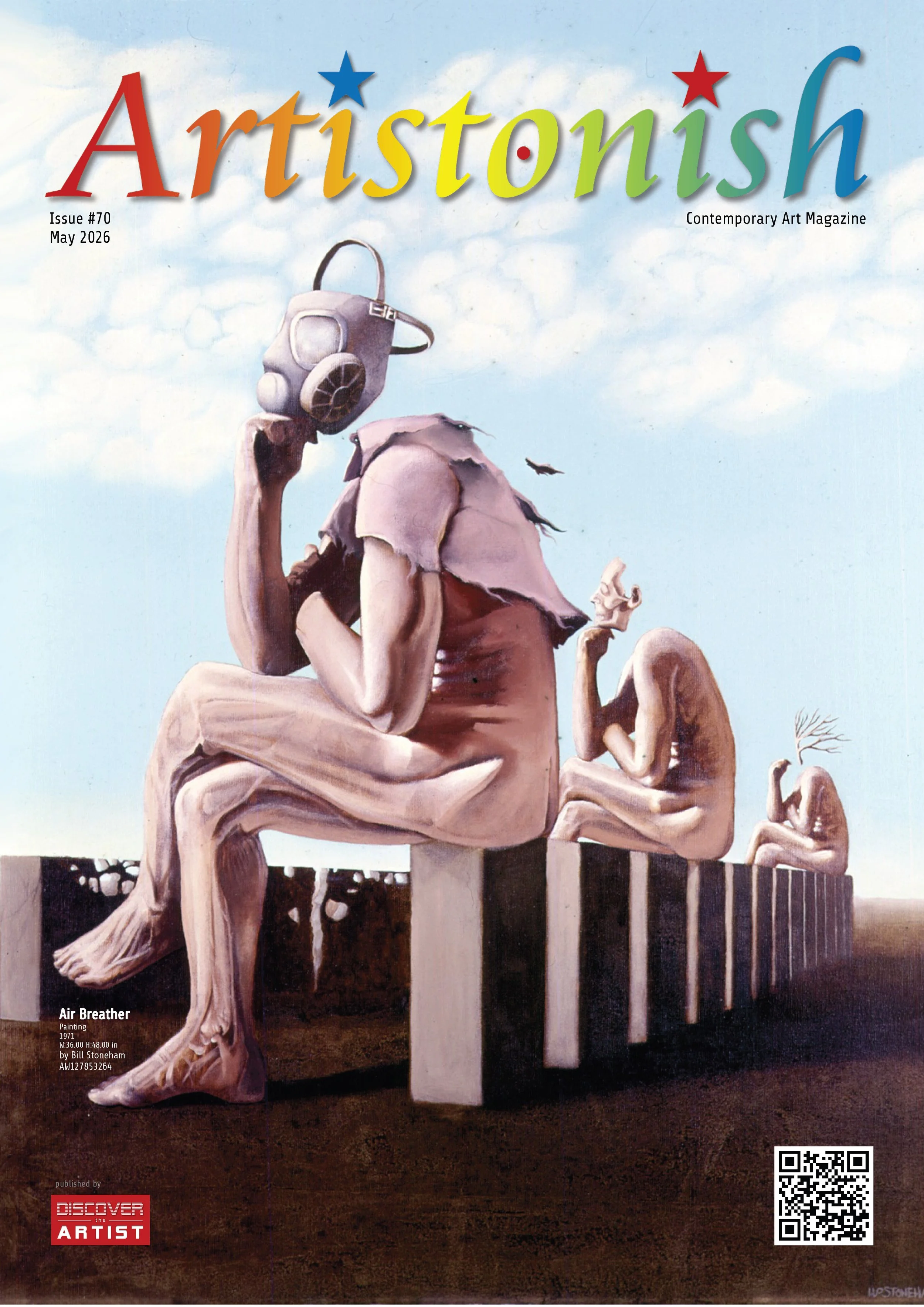 A surreal sculpture of a woman sitting on a bench, holding a gas mask to her face with one hand. The sculpture appears to be made of a drapery-like material. In the background, there are other similar figures in various poses, with one figure reclini