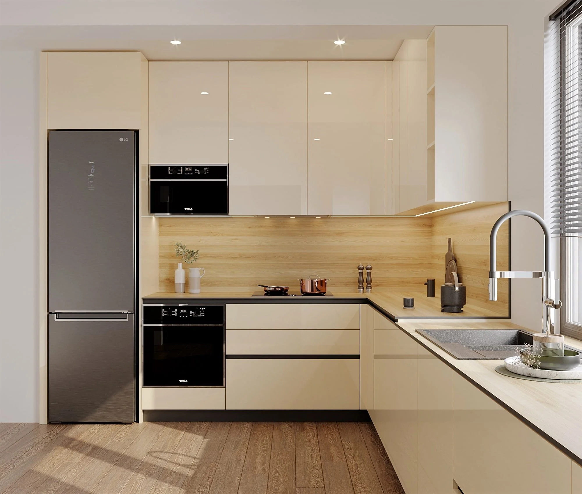Modern kitchen with built-in appliances, light wood cabinets, and a countertop with a sink. Recessed ceiling lights illuminate the space, and there are windows with blinds on the right.
