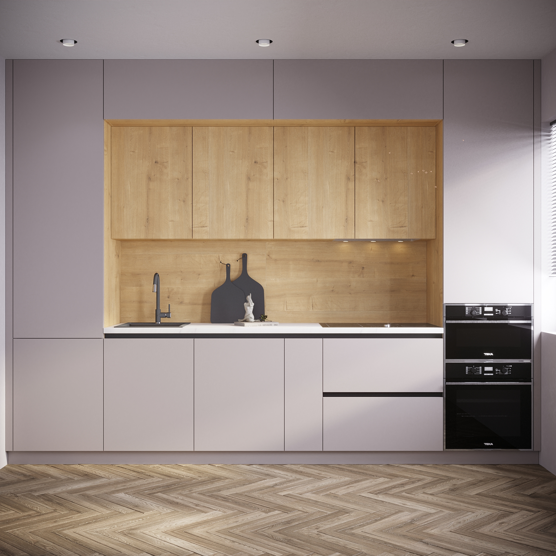 Modern kitchen with light grey cabinets, wooden upper cabinets, and a white countertop. A black faucet, small decorative items, and a built-in oven are visible. The floor has a herringbone wood pattern.
