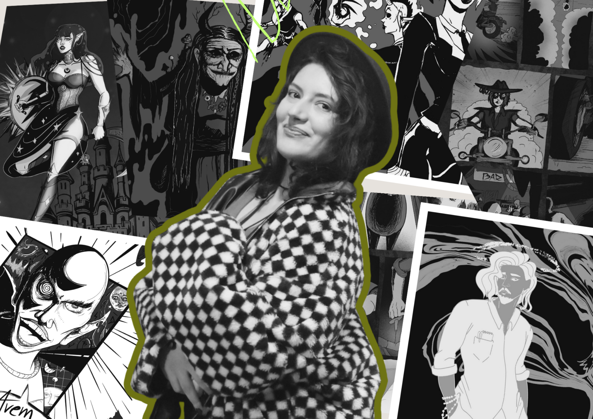 A black-and-white collage of various comic and cartoon characters in different styles, with a woman with shoulder-length hair and a checkered shirt in the center, outlined in green.