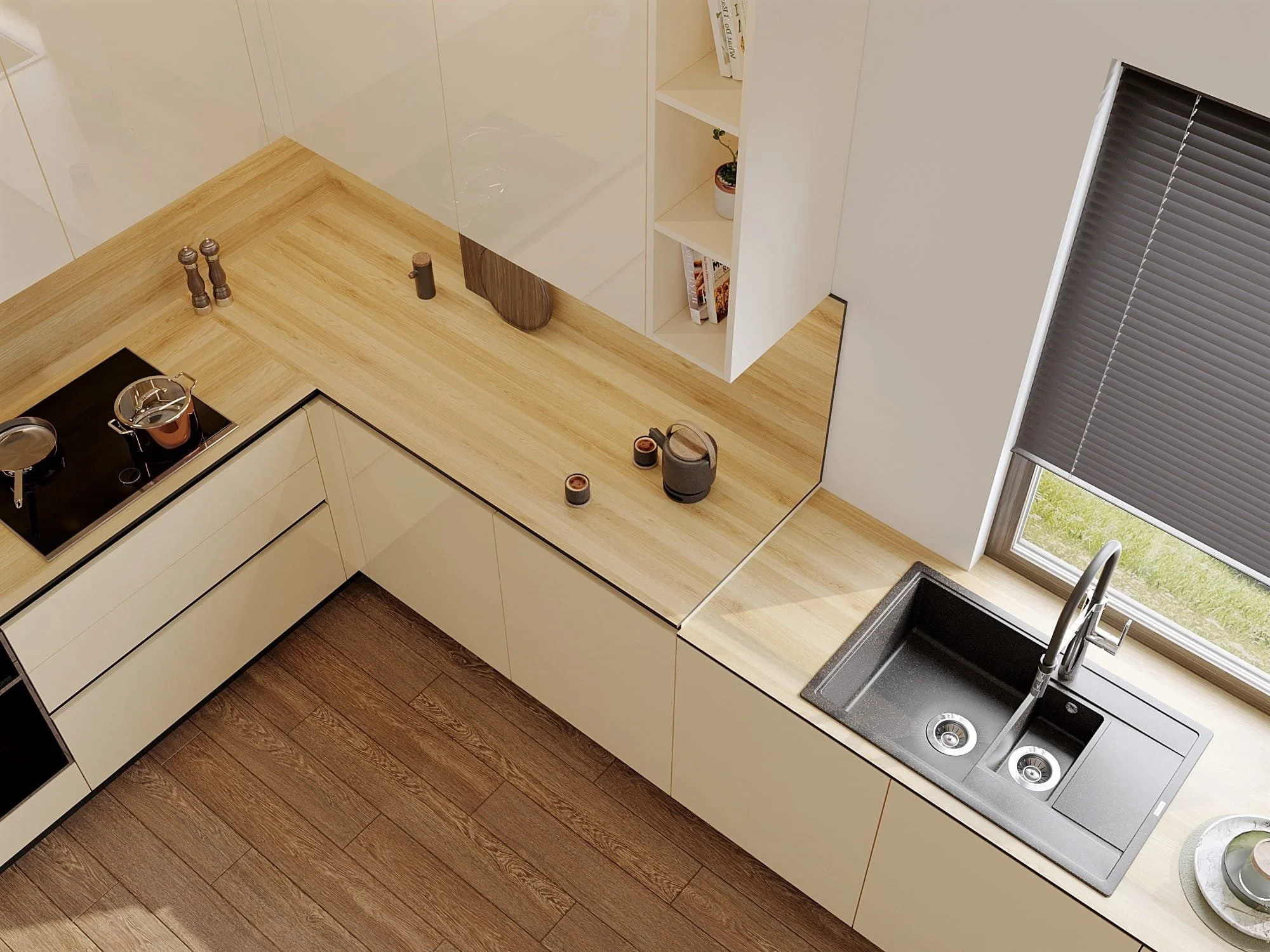 Overhead view of a modern kitchen with a wooden countertop, black stovetop, sink, and window with closed blinds.