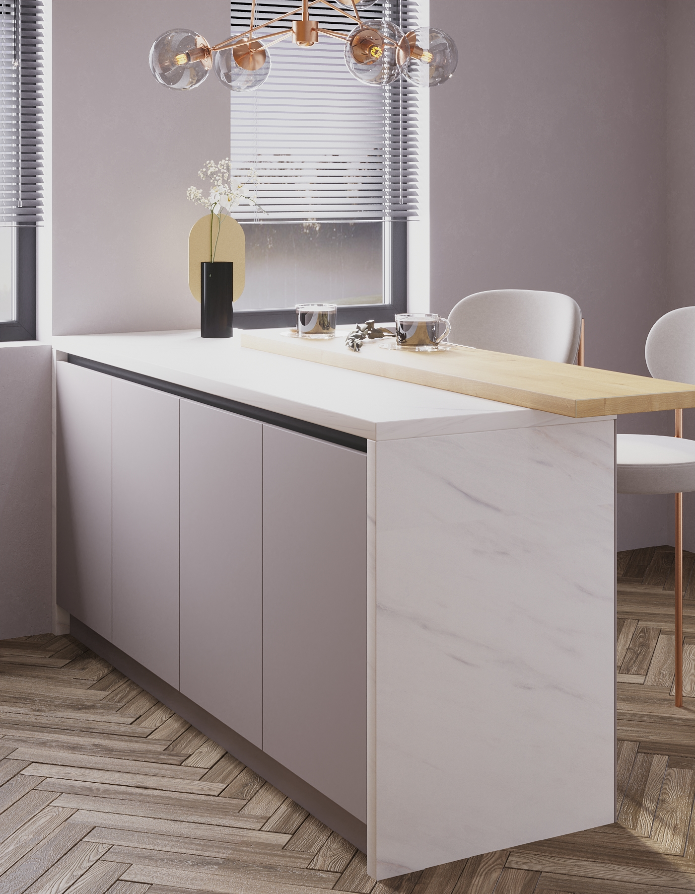 Modern kitchen island with white cabinetry, a light wood countertop, and a vase with white flowers. Two clear glass mugs and a small decorative figurine are on the counter. There are two windows with horizontal blinds in the background. The floor is 