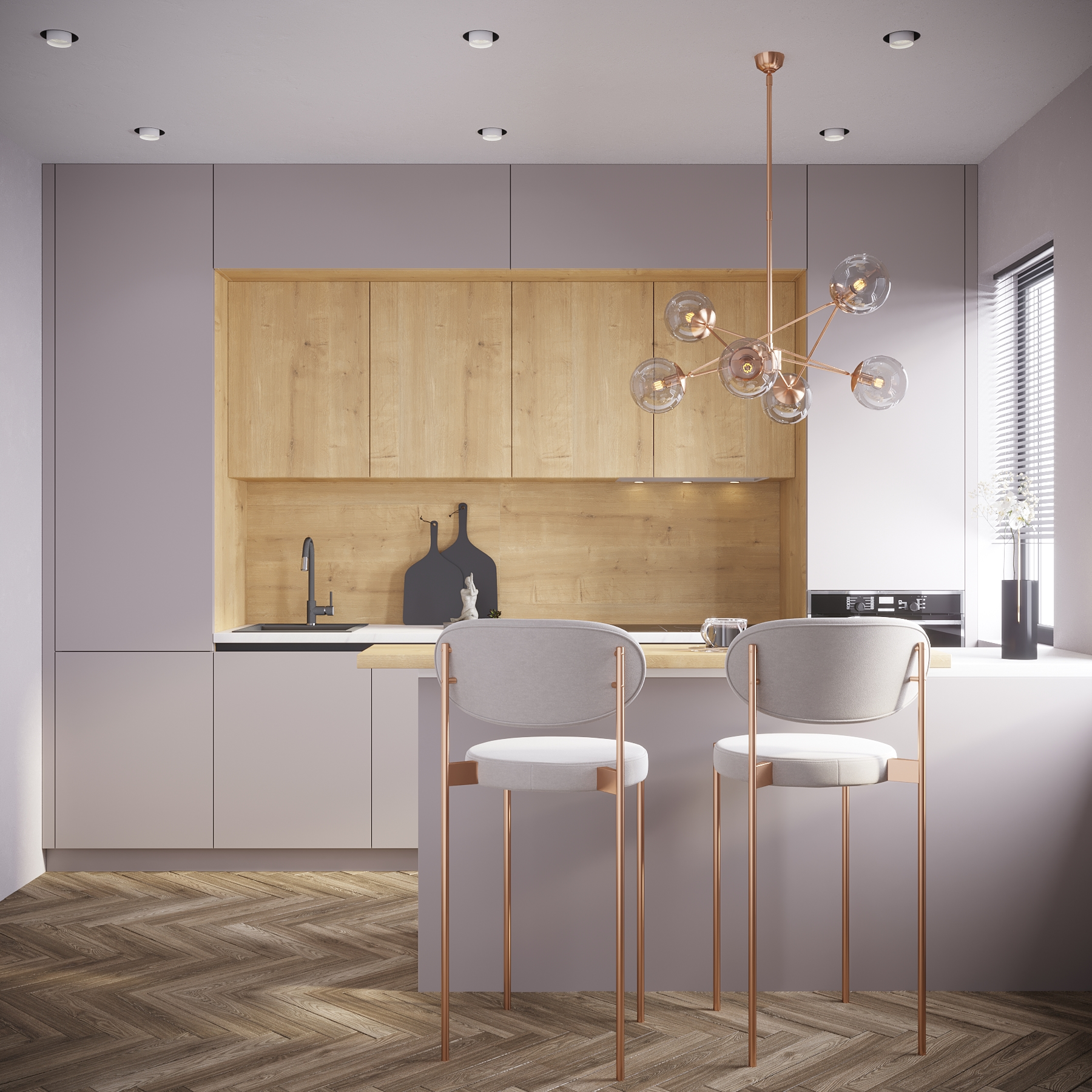 Modern kitchen with light gray cabinets, wooden backsplash, and a black sink. Two chairs with light gray upholstery and copper legs are positioned at the counter. A contemporary chandelier with multiple glass globes hangs from the ceiling. There is a