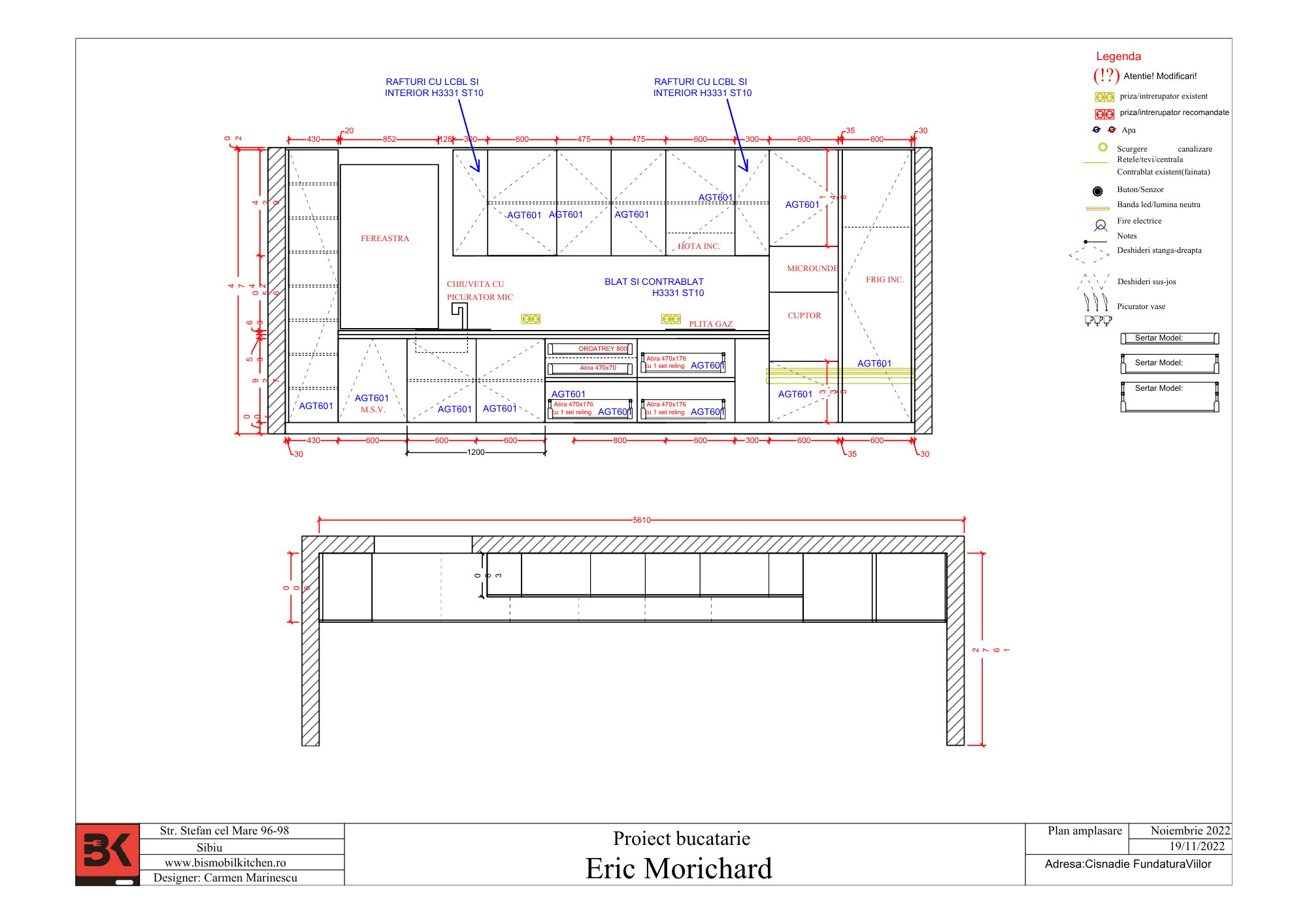 A detailed architectural plan for a kitchen renovation project, showing measurements and specifications for window and appliance placements, with a legend of symbols on the right.