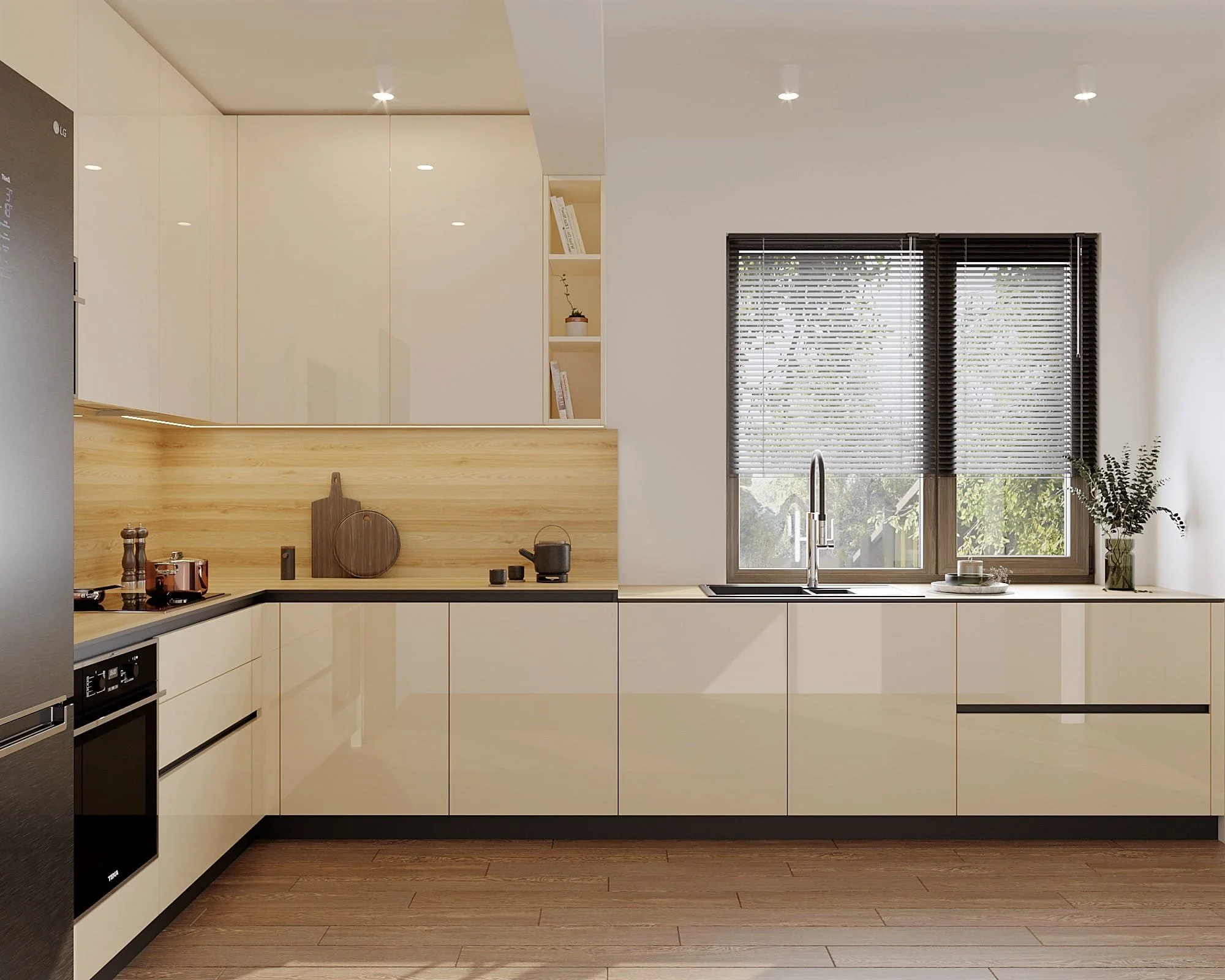 Modern kitchen with white cabinets, black countertop, and wooden backsplash. Large window with blinds, plants on the window sill, and kitchen utensils on the counter.