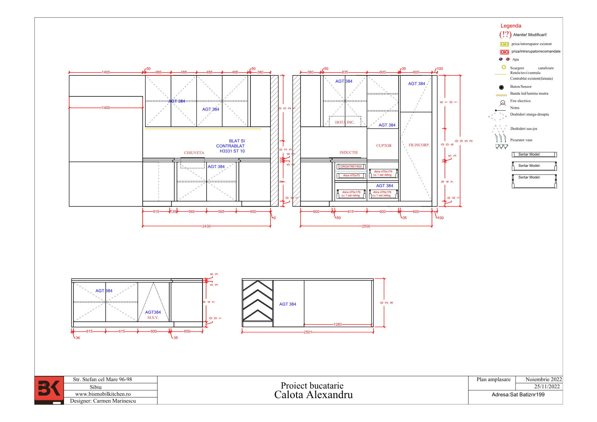 Architectural blueprint of a kitchen renovation project with detailed measurements and annotations, titled 'Proiect bucatarie Calota Alexandru' for a house on Str. Stefan cel Mare 96-98 in Sibiu, designed by Carmen Marinescu, dated November 25, 2022.