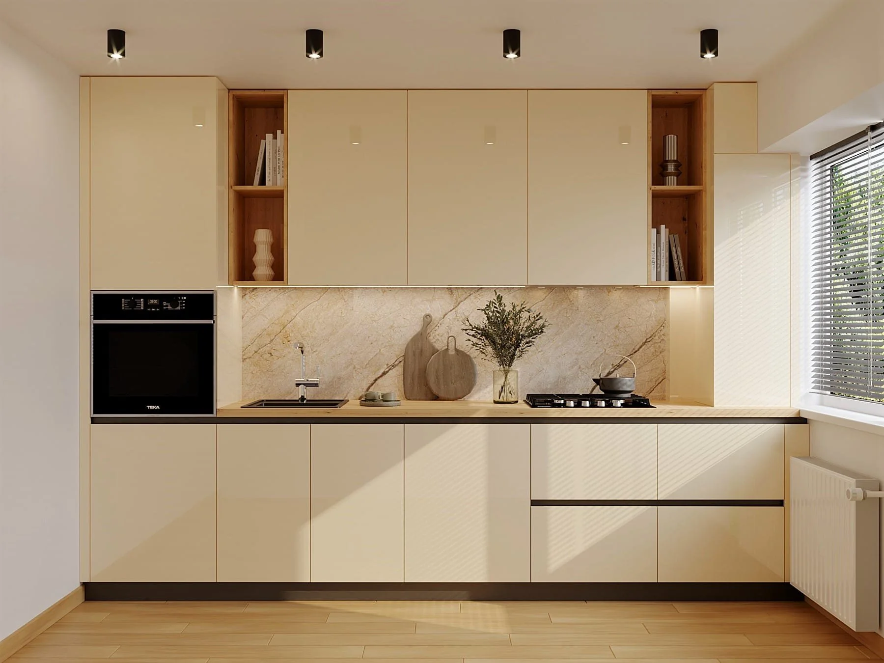 Modern minimalist kitchen with cream-colored cabinets, wooden accents, a marble backsplash, and a window with blinds.