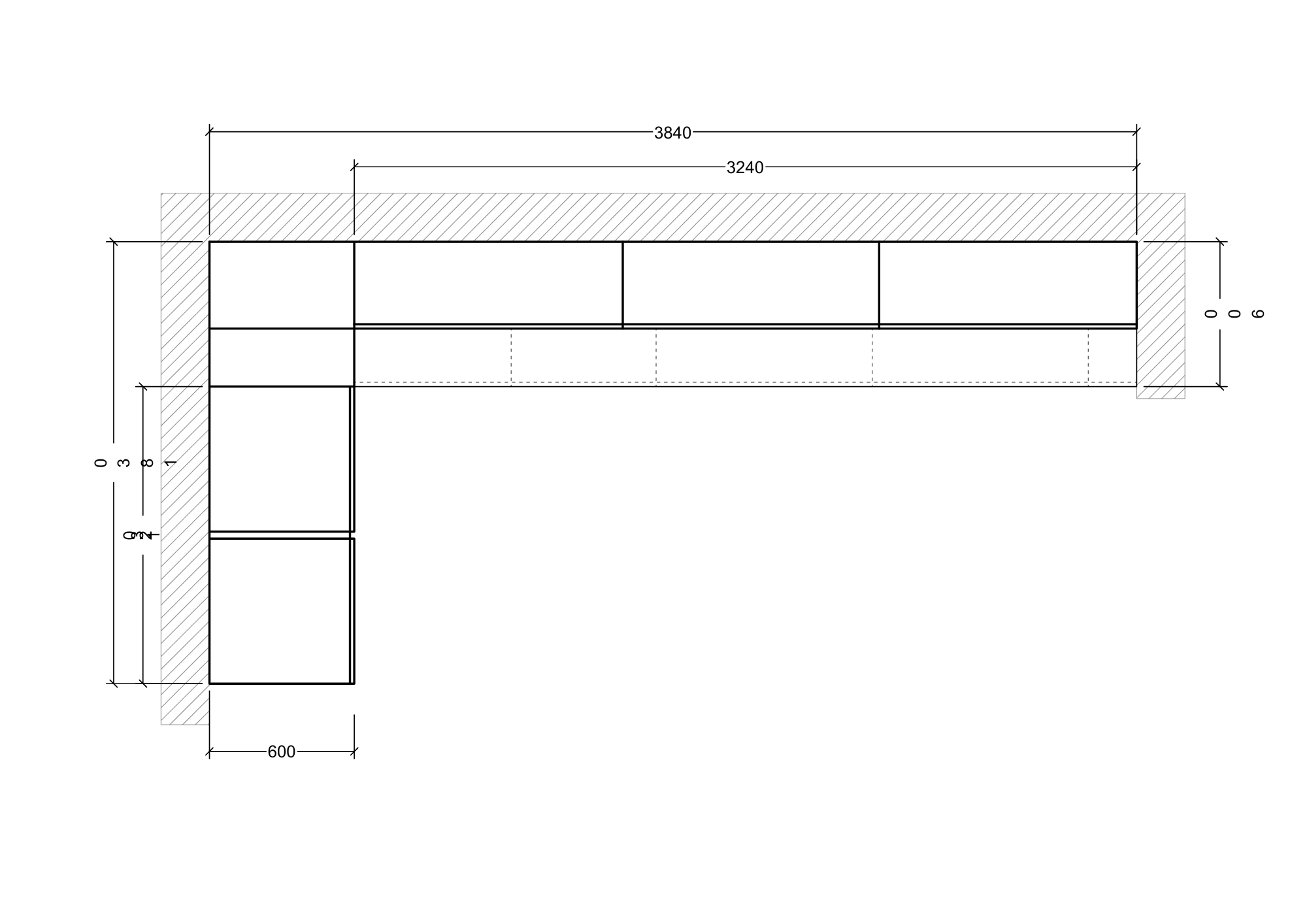A technical architectural drawing of a building layout with measurements in millimeters.