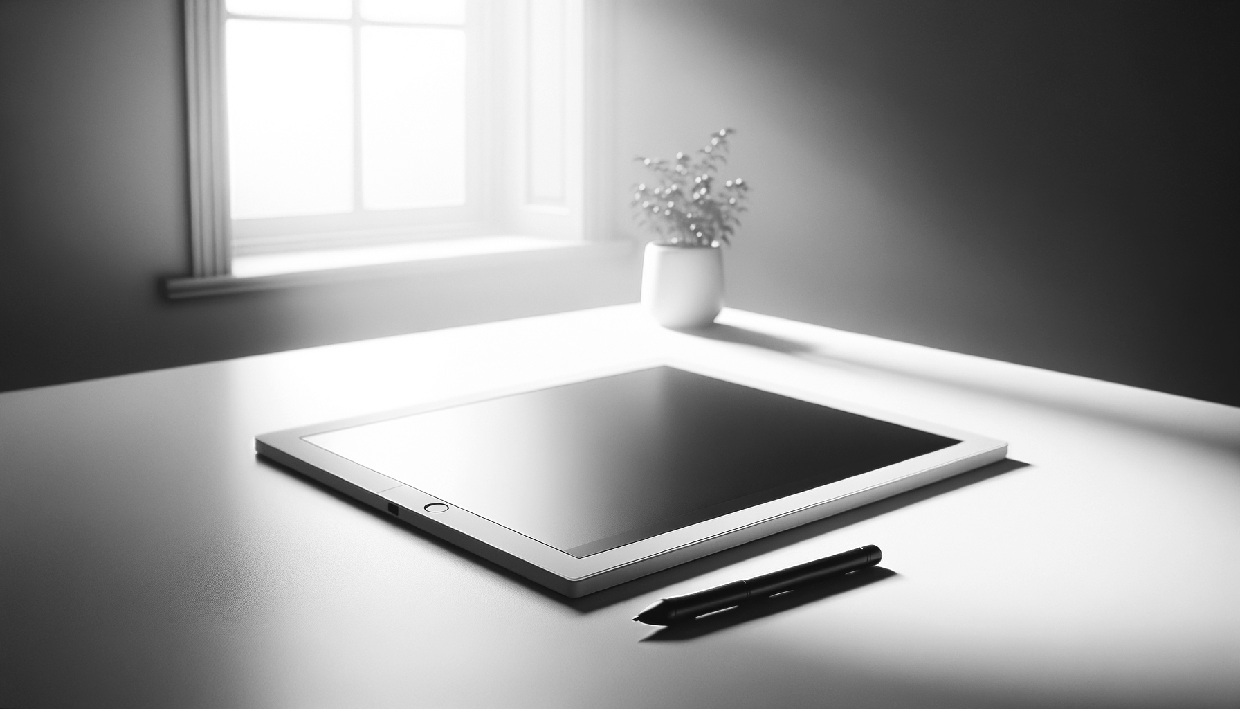 A black and white photo of a tablet, a pen, and a small potted plant on a white desk, with sunlight coming through a window.