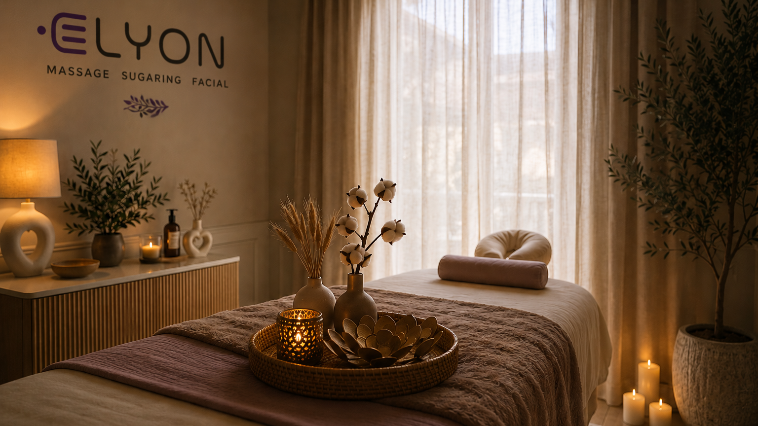 The serene, candle-lit treatment room at Elyon Boutique Spa, offering a sanctuary for massage and relaxation in historic downtown Charleston.