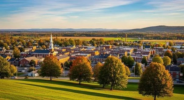 A panoramic view of a small town with a church steeple, surrounded by trees with fall foliage, and a large grassy field in the foreground under a clear sky.