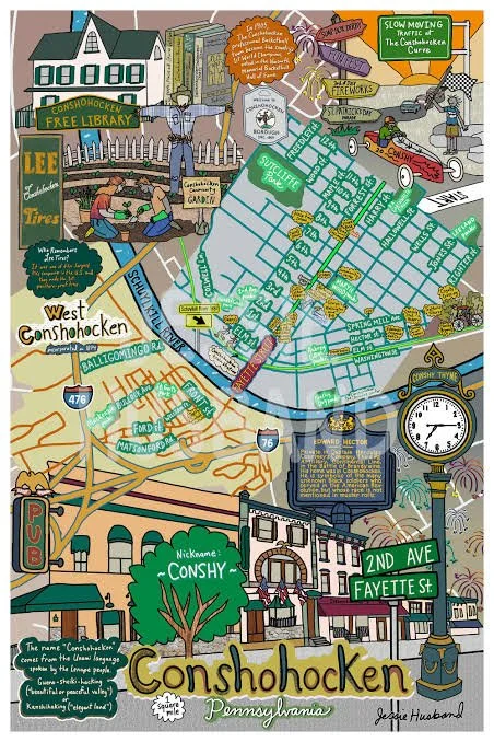 Map illustration of Conshohocken, Pennsylvania, highlighting local landmarks, streets, and attractions, including the Conshohocken Free Library, borough government, local businesses, and historical sites with decorative graphics and labels.