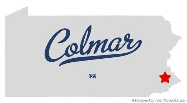 Map outline of Pennsylvania with the word "Colmar" written in the center and a red star on the eastern side.