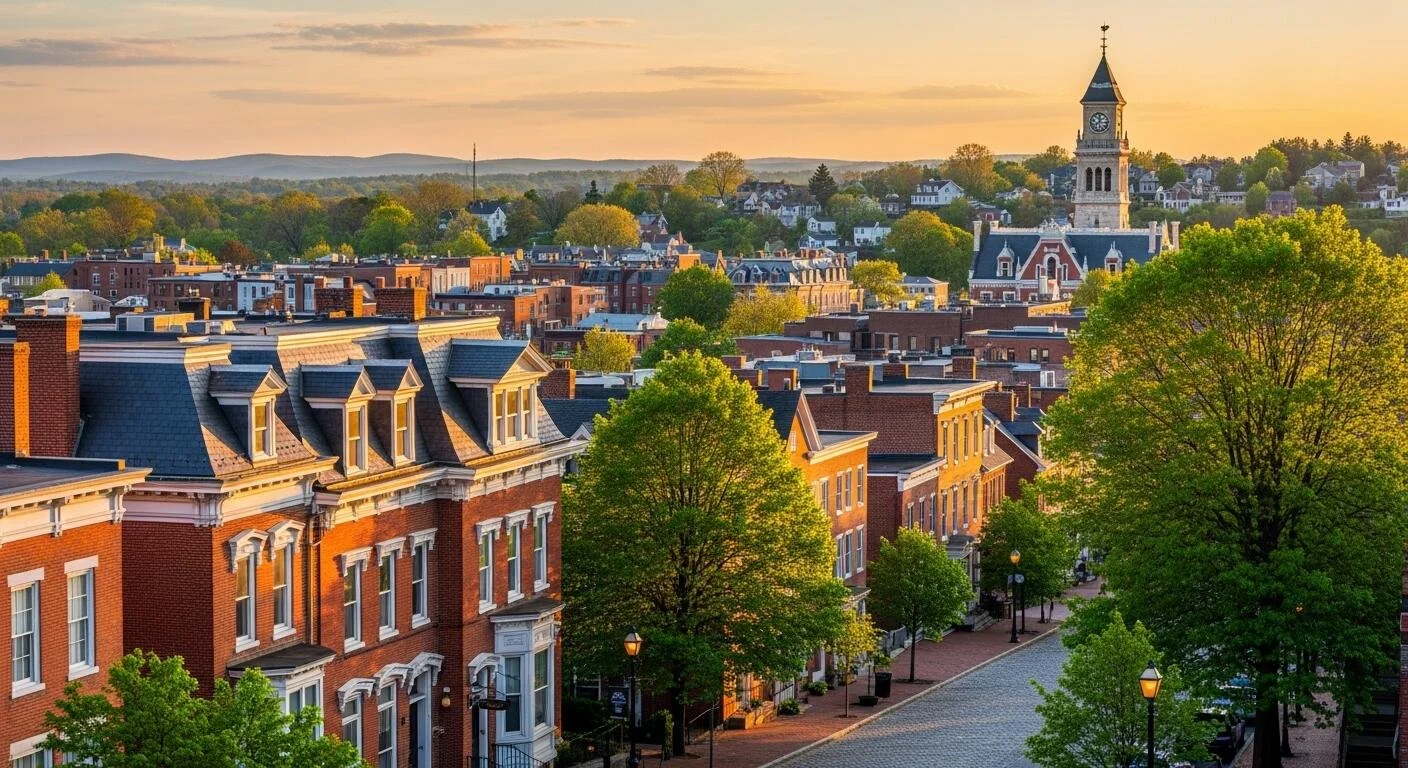 A panoramic view of a downtown area at sunset, featuring brick buildings, green trees, and a clock tower.